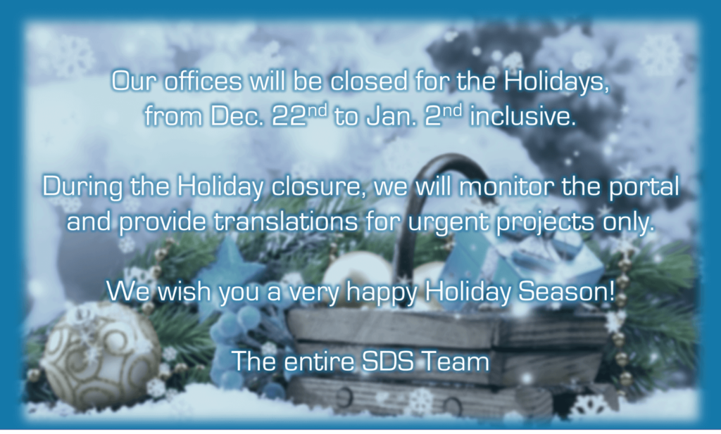 Holiday Closure Notice December 22, 2021 to January 3, 2022